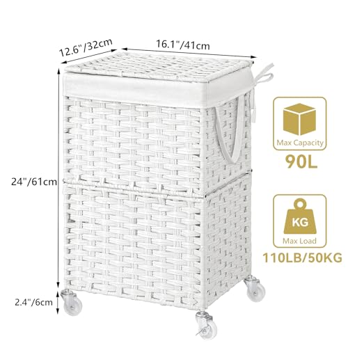 Chrislley Wicker Laundry Basket with Wheels,Rolling Laundry Hamper with Lid - color: White