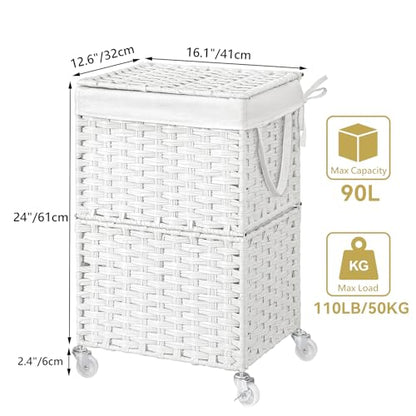 Chrislley Wicker Laundry Basket with Wheels,Rolling Laundry Hamper with Lid - color: White