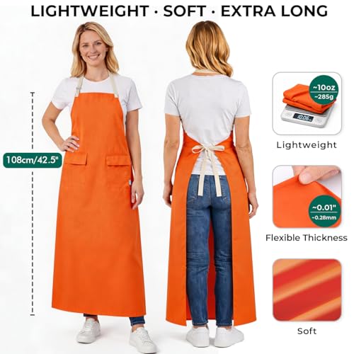 Waterproof Lightweight Vinyl Work Apron for Industrial Use, Extra Long Coverage with Pockets, Heavy-Duty PVC - color: Orange
