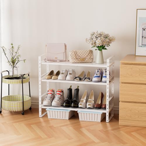 Jojocross Expandable Stackable Aadjustable Shoe Rack Pantry Shelf for Kitchen Cabinets Counter Shelves Countertop Cupboard Storage Solution,Sturdy Heavy-Duty Metal Construction(2Packs/White/Large) - color: 2Packs/White, size: LARGE:10.2"D x 16.5"W x 7.8"H