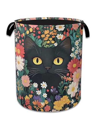 Cute Funny Black Cat Laundry Basket,Oxford Cloth Flower Laundry Hamper With Handle Foldable Portable Clothes Storage Basket for Laundry Room/Bedroom/Bathroom 20.8"x16" - color: Cute Funny Black Cat Flower