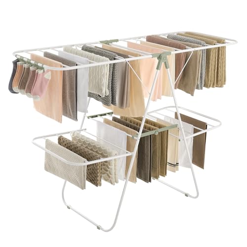 SONGMICS Clothes Drying Rack, Foldable 2-Level Stee Laundry Drying Rack - color: White + Green, size: 2 Tiers（22"d x 61.8"w x 64.3''h )