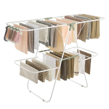 SONGMICS Clothes Drying Rack, Foldable 2-Level Stee Laundry Drying Rack - color: White + Green, size: 2 Tiers（22"d x 61.8"w x 64.3''h )