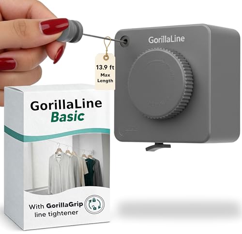 GorillaLine Basic - Retractable Clothesline Indoor Outdoor Clothes Line - Non-Sagging Heavy Duty Clothes Drying Laundry Line - Wall Mounted Drying Rack - Air Dry Clothing - Tighten with GorillaGrip - color: Gray