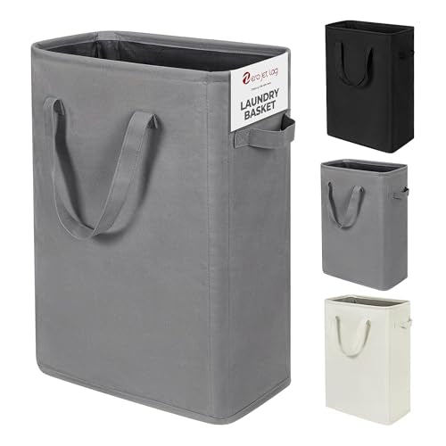 Slim Laundry Hamper Handles Collapsible Laundry Basket Thin Dirty Clothes Basket Narrow Laundry Bag Foldable Dirty Hamper 45L (21 inches,Grey) - color: Grey