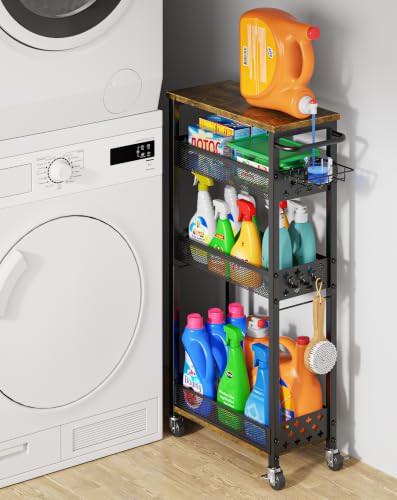 OKZEST Slim Laundry Room Organization Cart with Detergent Dispenser Holder - color: Black, size: 4-Tier (with Detergent Dispenser Holder)