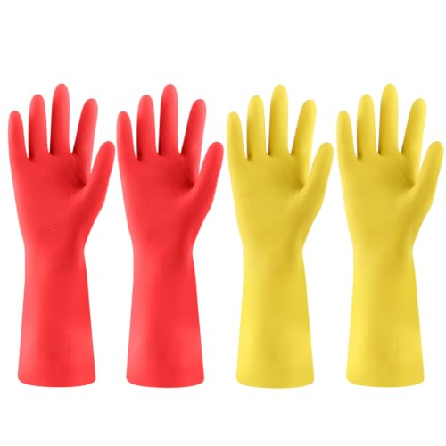 Rubber Kitchen Dishwashing Gloves - 4 Pairs Colorful Reusable Cleaning Gloves for Kitchen Washing Dishes and Household Cleaning (Medium, Yellow+Red) - color: Yellow,red, size: Medium (Pack of 4)