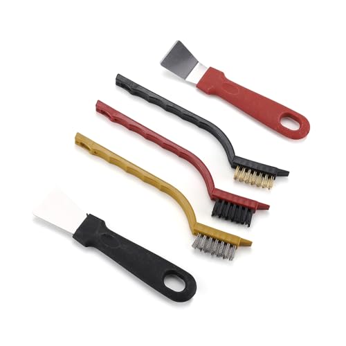 5Pcs Kitchen Stove Cleaning Brush Scraper Tool Set Heavy Duty Scraper for Gas Burners Cooktop Pot Pan Brass Nylon Head Brushes for Range Hood Grease Grime