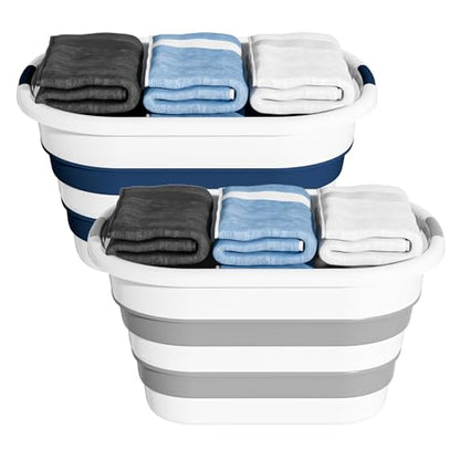 OOAMBB 43L Collapsible Laundry Baskets Plastic (Blue+Grey, 2 Packs)