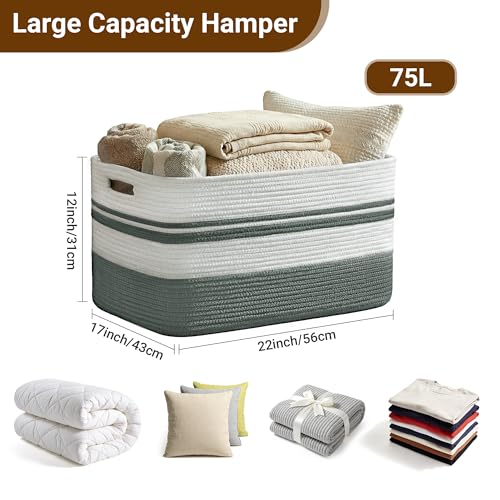 75L Large Blanket Basket, 22"x17"x12"Rectangle Cotton Rope Woven Storage Basket with Handles, Laundry Hamper for Living Room, Nursery, Bedroom - Chemical-Free, Kid & Pet Safe - Sage Green - color: Green/White, size: 75L