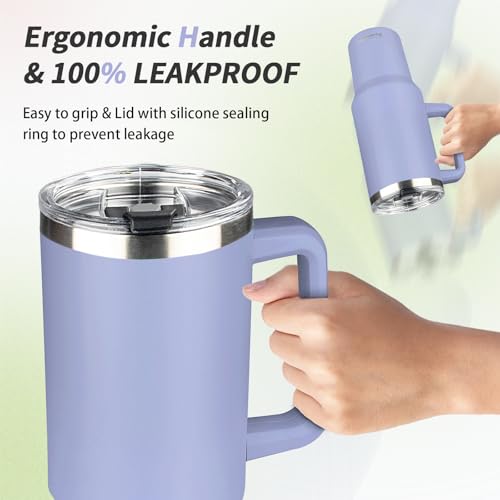 40 oz Tumbler with Handle, Insulated Tumbler with Lid and Straw, Reusable Stainless Steel Vacuum Insulated Cup, 100% Leak Proof Thermal Travel Coffee Mug Cup for Cold and Hot (Light Purple) - color: Light Purple, size: 40 Ounces