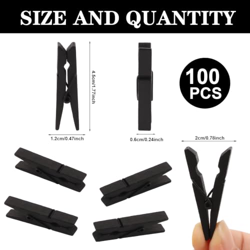 KIMOBER 100 Pcs Black Mini Clothespins, 1.77 Inch Small Wooden Clips for Hanging Photos Crafts String Picture Hanger Clothes Line Clips for Home Office DIY Projects - color: Black