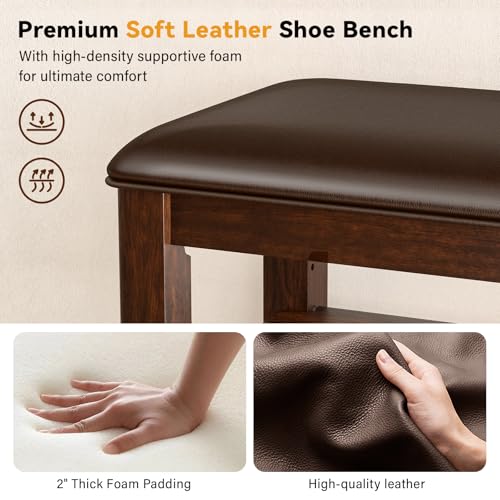 Taitiy Shoe Bench with 3 Tier Adjustable Shelves Rubberwood Entryway 47.2'' - color: Walnut, size: 47.2''