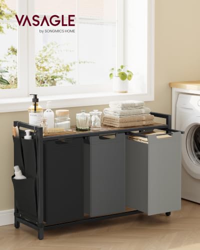 VASAGLE Laundry Hamper with Shelf, 3 Pull-Out Bags, 3 x 10.6 Gallons (40 L) - color: Tricolor + Rustic Brown, size: 3 Bags - 120 L