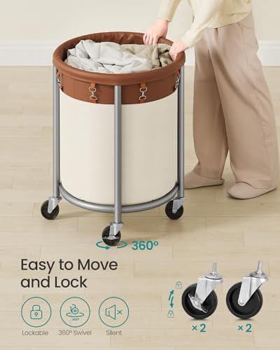 SONGMICS Laundry Basket with Wheels, 29 Gal., Steel Frame, Removable Bag - color: Coffee Brown + Cream White, size: 110 L (1-Section)