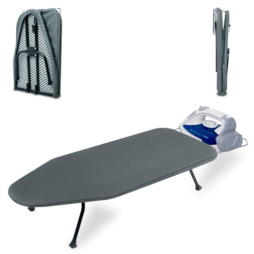 Metal Mesh Panel Tabletop Ironing Board | Foldable Iron Board | Heavy Duty Small Iron Board with Heat Resistant Cover and 100% Cotton 8mm Thicken Pad (Grey) - color: Gray