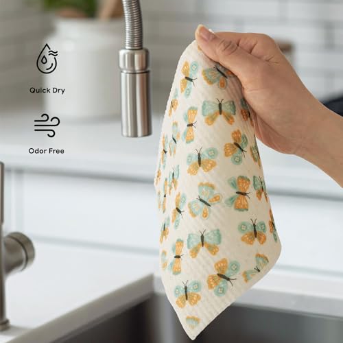 RECYCO Swedish Dishcloths for Kitchen | 5 Pack Gingham Flutter Washable Dish Rags | Cellulose Reusable Cleaning Paper Towels | Absorbent Counter Dish Cloth Sponge Kitchen Wipes, 8" L x 7" W - color: Gingham Flutter - 5 Pack