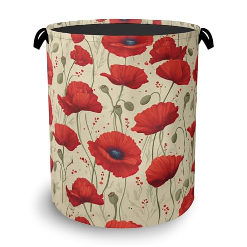 Vintage Poppy Flower Laundry Basket,Oxford Cloth Laundry Hamper with Handle Foldable Portable Clothes Storage Basket for Bathroom Bedroom Dorm Room 16" x 20.8" - color: Vintage Poppy Flower