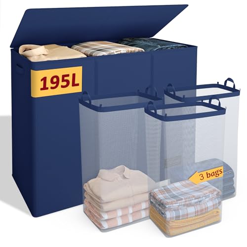 195L Laundry Hamper 3 Section,Large Laundry Hamper with Lid,Dirty Clothes Hamper with 3 Inner Bags,Collapsible Laundry Basket Organizer for Laundry Room,Laundry Sorter Hamper 3 Compartment(Blue) - color: Blue, size: 195L