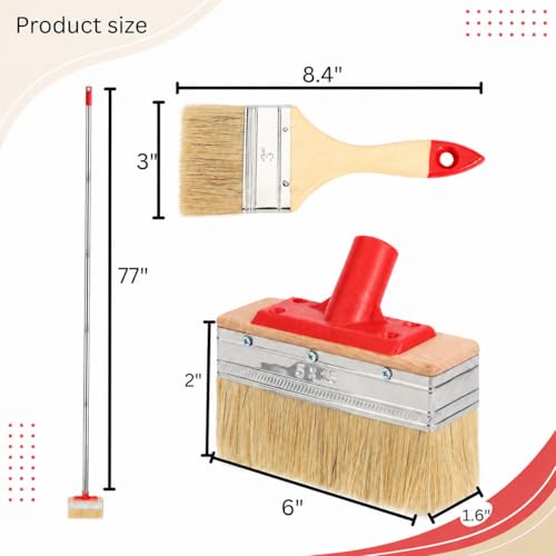 Bates- 6 Inch Deck Stain Brush, 77" Long Handle, Deck Stain Applicator for Wood, Fence, Wall, 3" Paint Brush
