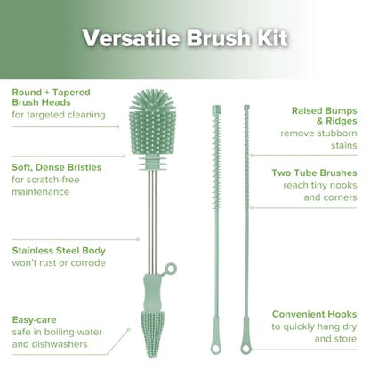 Haakaa Silicone Cleaning Brush Kit,Green,Portable Bottle Brush Cleaner - color: Pea Green, size: 3 Piece Set