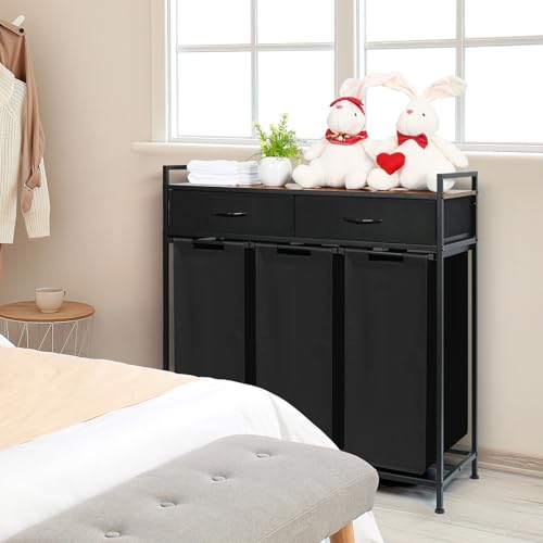180L Laundry Sorter Hamper Basket 3 Section with Shelf & 2 Drawers - color: Black, size: 180L