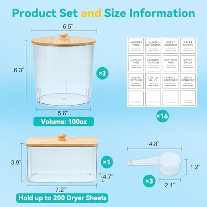 Laundry Pods Container & Dryer Sheet Holder, Laundry Room Organization and Storage Jars with Lids, Labels & Scoops for Powder Detergent Scent Booster - color: Wood