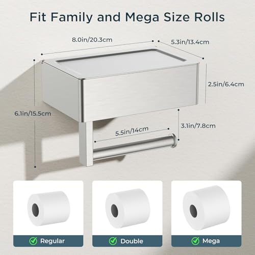 FORIOUS Toilet Paper Holder with Shelf, Wall-Mounted Modern Wipes Dispenser - color: Stainless Steel, size: Big 2 Pack-8" (L)