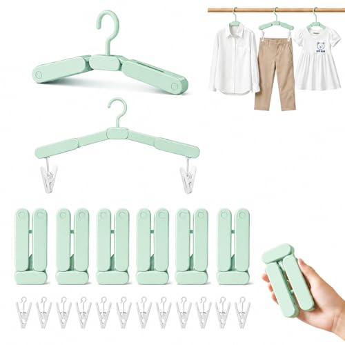 6 Pack Foldable Travel Hangers Portable Collapsible Hangers with 12 Clips - color: Light Green