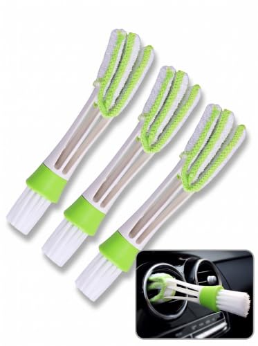 3 PCS Car Air Vent Cleaner Brush, Nylon Double Ended Design AC Vent Duster with Detachable Cloth, Multifunctional Crevice Cleaning Tool for Dashboard, Keyboard and Household (Green)