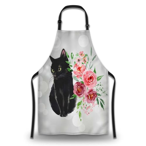 Cook Apron Women Black Cat and Watercolor Flower Mans Aprons for Grilling for Kitchen Cooking Restaurant BBQ Painting Crafting Gardening 27” (W) x 31” (H), Waterproof Aprons - color: Cat and Flower