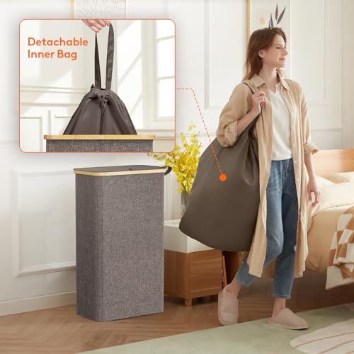 Lifewit 75L Slim Laundry Hamper with Lid and Removable Bag, Brown - color: Brown, size: 75L