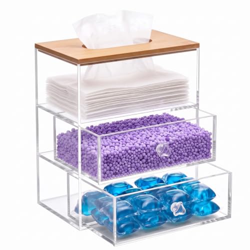Juexica 3 in 1 Laundry Pods Container & Dryer Sheet Holder & Fragrance Beads Dispenser with Drawer Bamboo Lid Acrylic Dishwasher Pods Container Laundry Room Organization Storage for Room Kitchen Home