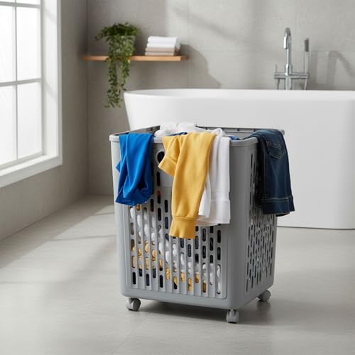 60L Collapsible Laundry Baskets, Plastic Laundry Hamper with Handles, Foldable Laundry Bin, Laundry Basket with Wheels for Laundry Room Organization, Ideal for Clothes, Towels, Blanket, Grey