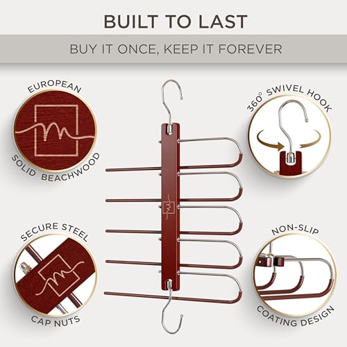 MORALVE Pants Hangers Space Saving - 4 Pack European Beechwood Scarf and Jean Hangers - Closet Organizer and Space Saver Pant Rack, Leggings Hanger, and Scarf Holder with 360° Swivel Hook - color: Mahogany, size: 4 Pack