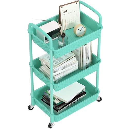 MOYIPIN 3-Tier Plastic Rolling Utility Cart with Handle,Turquoise - color: Turquoise, size: 3-Tiers without cups