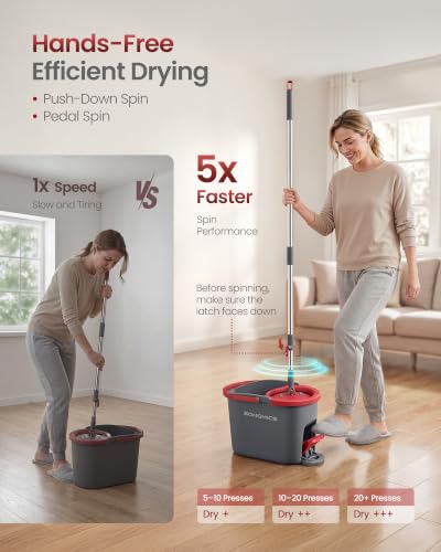 SONGMICS Spin Mop and Bucket Set with Pedal Wringer, 4 Microfiber Pads - color: Gray + Red, size: 4 Pads