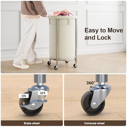 ELYKEN Laundry Basket with Wheels, Round Rolling Laundry Hamper, Cream - color: Cream, size: 110L