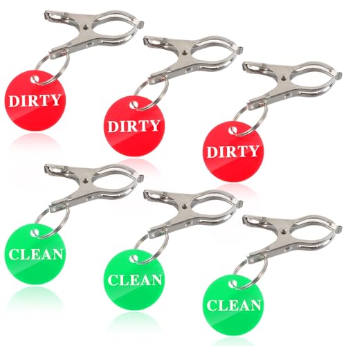6 Pack Clean Dirty Sign, Red and Green Laundry Basket Signs Laundry Tags Indicator Clips for Bathroom or Dishwasher