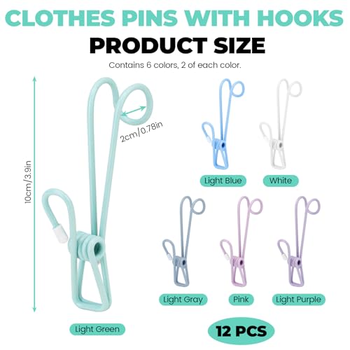 12 Pack Clothes Pins with Hooks, Hanging Clips Anti Rust Metal Laundry Hooks, Multifunctional Hanger Clips for Towels Socks Outdoor Clothesline Closet