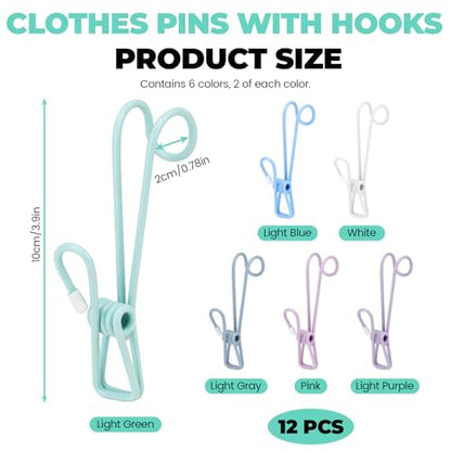 12 Pack Clothes Pins with Hooks, Hanging Clips Anti Rust Metal Laundry Hooks, Multifunctional Hanger Clips for Towels Socks Outdoor Clothesline Closet
