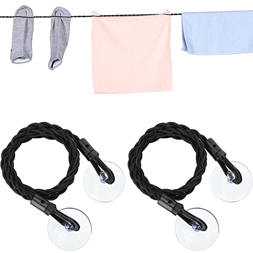 2 Pieces Travel Clothesline Portable Retractable Clothesline with Hooks and Suction Cups Camping Accessories Cruise Essentials for Outdoor and Indoor Use (Black) - style: Black