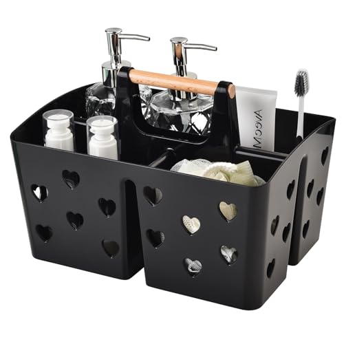 Black Portable Shower Caddy, Plastic Basket Organizer with Wooden Handle - color: Black