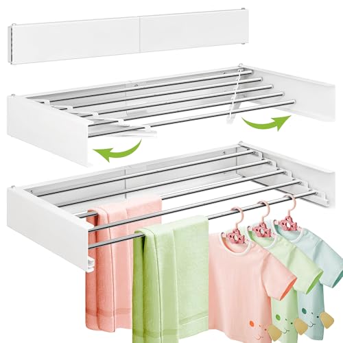 ZdwCyl Wall Mounted Drying Rack,32 inches,Foldbale, Clothes Drying Rack,Laundry Drying Rack Wall Mount,Drying Rack Clothing Space Saver,Retractable,Collapsible,Folding Laundry Rack,White - style: White-Stainless Steel