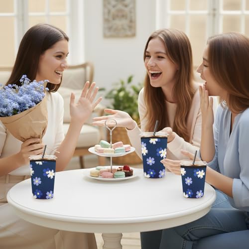 Iced Coffee Sleeve Reusable Neoprene Cup Sleeves, White Floral - color: Blue White Floral