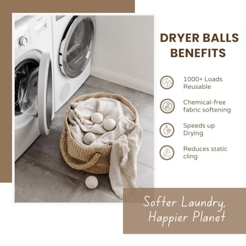 Laundry Wool Dryer Balls | Natural Fabric Softener – Reusable, Eco-Friendly, Reduces Drying Time – Wool Balls Replaces Dryer Sheets - 6 XL Pack - Laundry Balls for Dryer