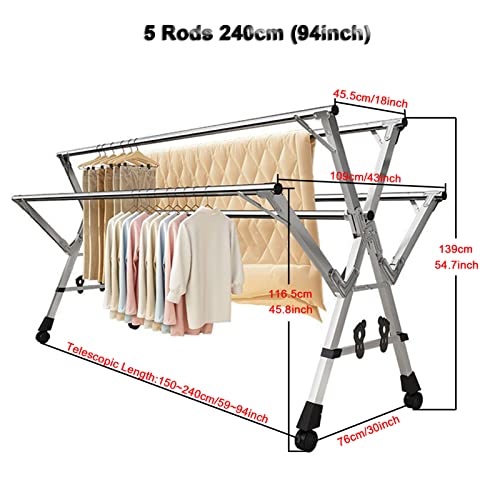5Poles Clothes Drying Rack, Portable Drying Rack Clothing, Blanket Rack Clothesline with 20 Windproof Hooks for Indoor/Outdoor Use