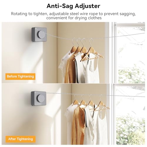 Retractable Wall-Mounted Indoor Clothesline, Stainless Steel Retractable Dryer Clothesline Convenient Non-Sagging ABS Drying Rope for Laundry Room Balcony Bathroom, 20kg Weight
