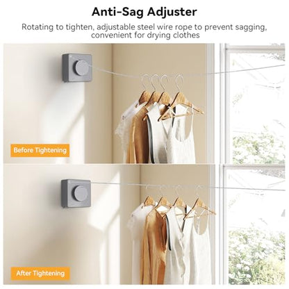 Retractable Wall-Mounted Indoor Clothesline, Stainless Steel Retractable Dryer Clothesline Convenient Non-Sagging ABS Drying Rope for Laundry Room Balcony Bathroom, 20kg Weight