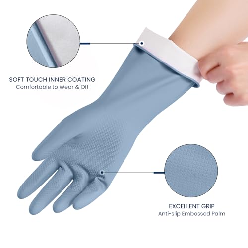 Rubber Cleaning Gloves for Dishwashing, 4 Pairs Reusable Kitchen Gloves for Washing Dishes and Household Cleaning, Blue Dish Gloves with Flocked Lining and Non-Slip Grip, Pefect for Woman Men - S - color: Blue, size: Small